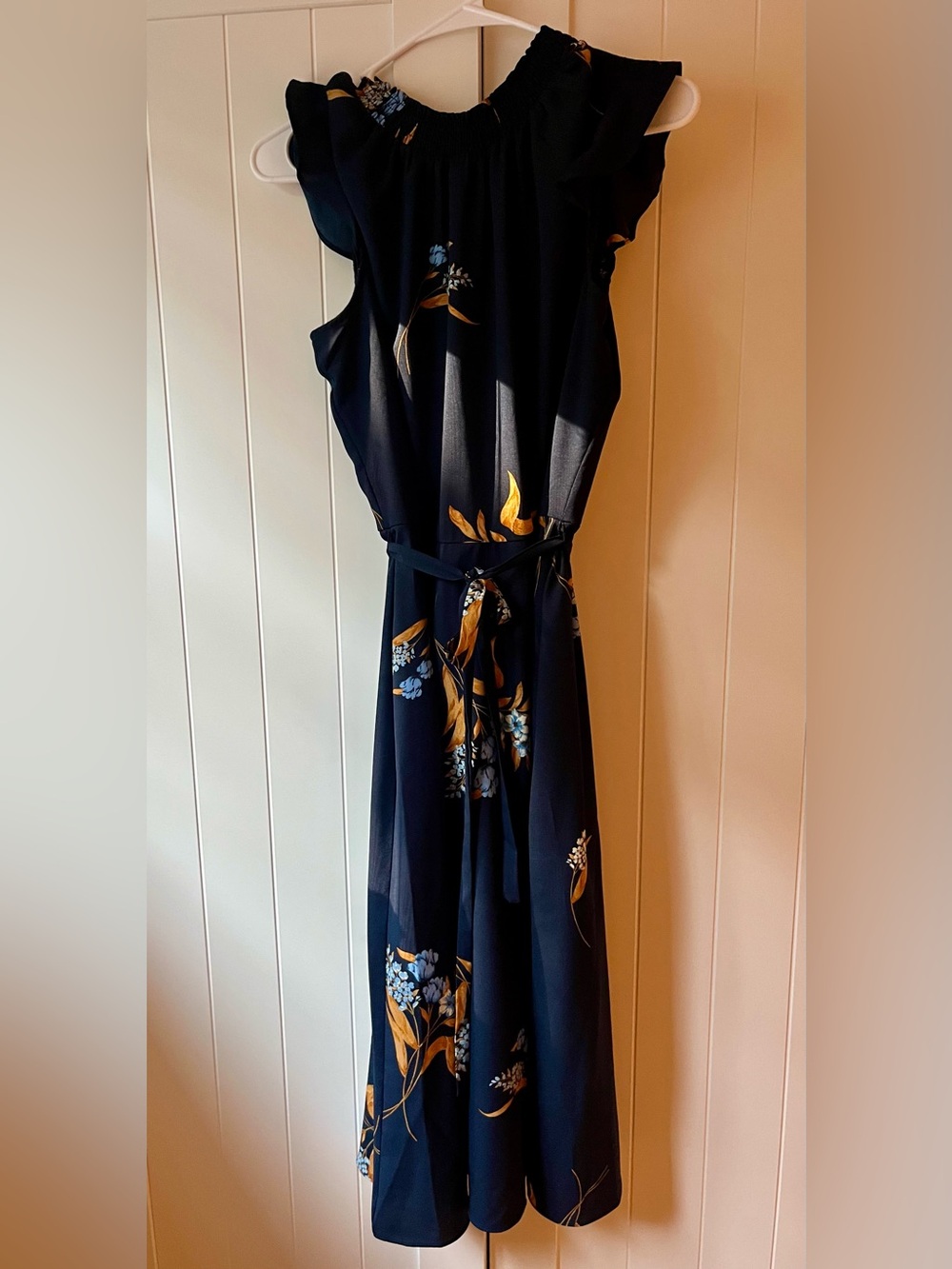 Nina Leonard Navy Floral Belted Maxi Dress S NWT